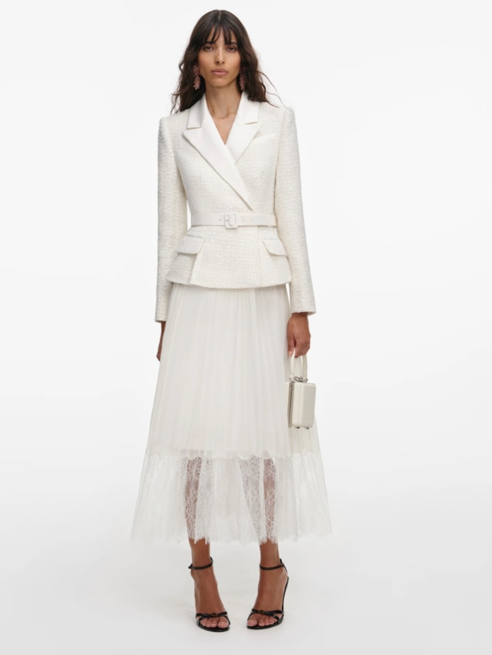 self-portrait CreamTailored Boucle & Chiffon Midi Dress Size; US14 MSRP $570 NWT